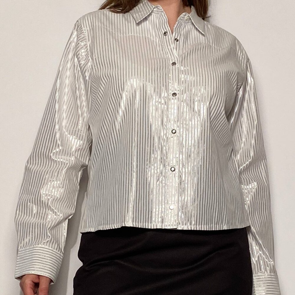 Vintage Y2K WRANGLER Metallic Silver Striped WESTERN Shirt! Large - Picture 14 of 15